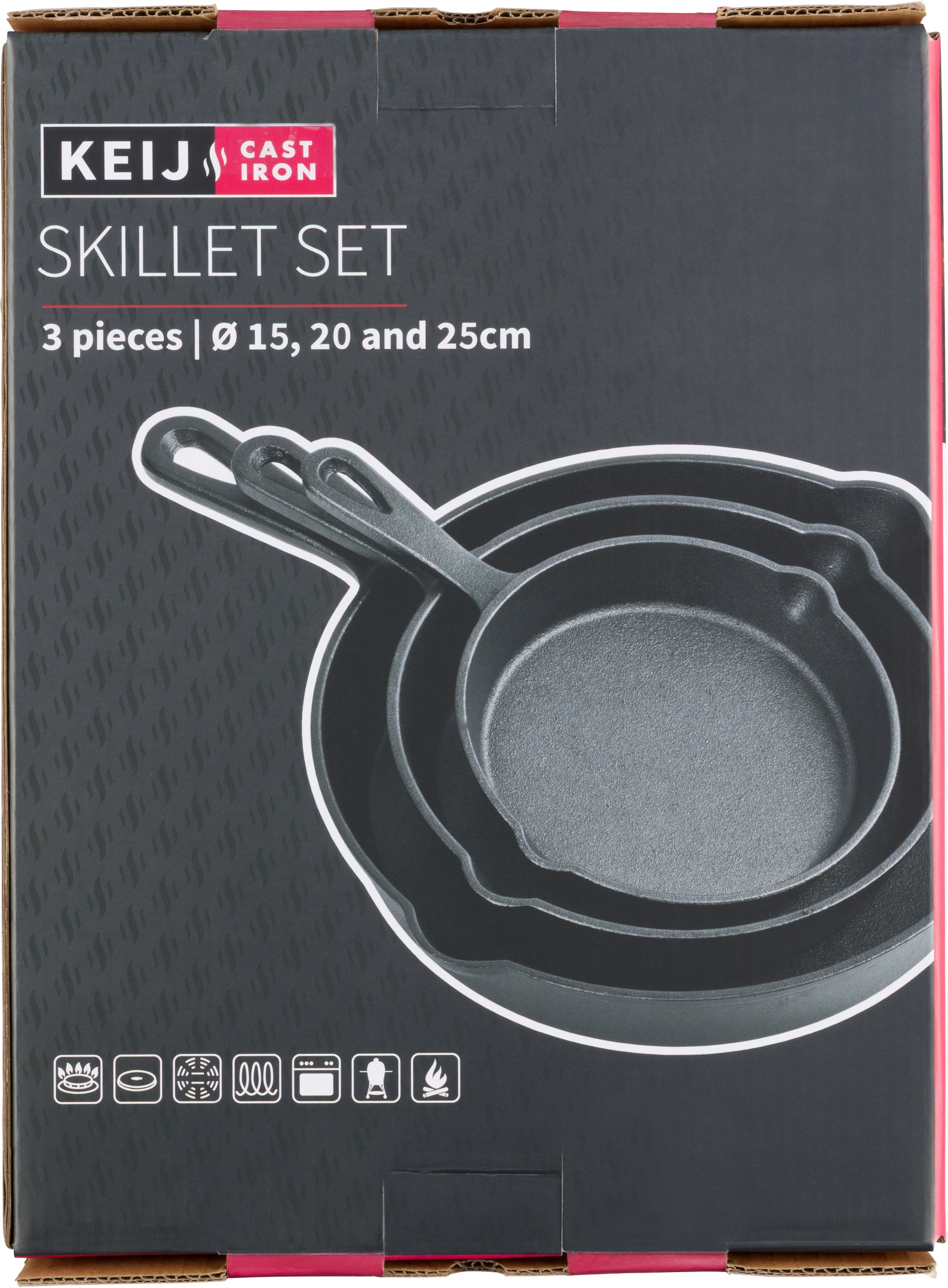Keij - Gietijzeren pan - Skillet -  set 3 stuks - 15 cm, 20 cm en 25 cm - zwart geëmailleerd