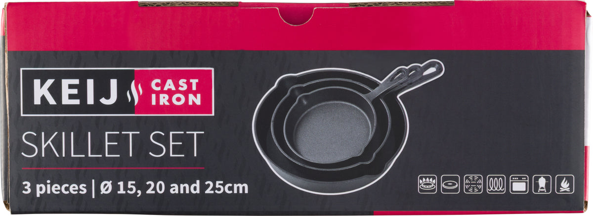 Keij - Gietijzeren pan - Skillet -  set 3 stuks - 15 cm, 20 cm en 25 cm - zwart geëmailleerd