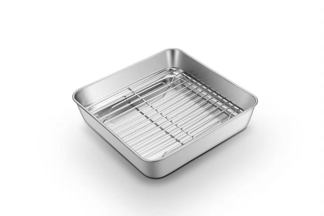 Braadslede met rooster - BBQ tray - Drip pan | Compact | 24 x 24 x 5 cm.